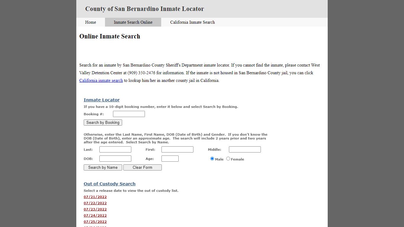 County of San Bernardino Online Inmate Locator System