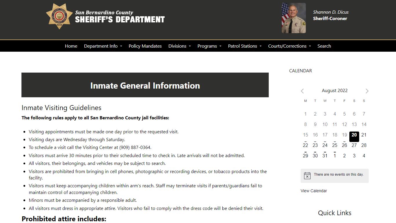 Inmate General Information – San Bernardino County Sheriff's Department